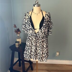 AGB Black and White Swirl Tie-Front Cover-Up